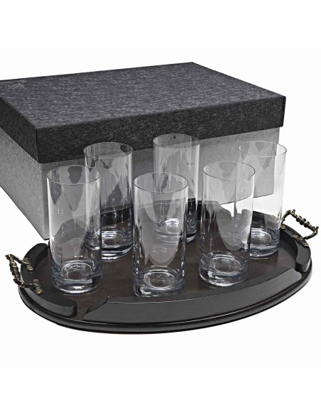 Set de 6 vasos altos para whisky o agua+bandeja de madera color wenge ovalada - Colección 1127.