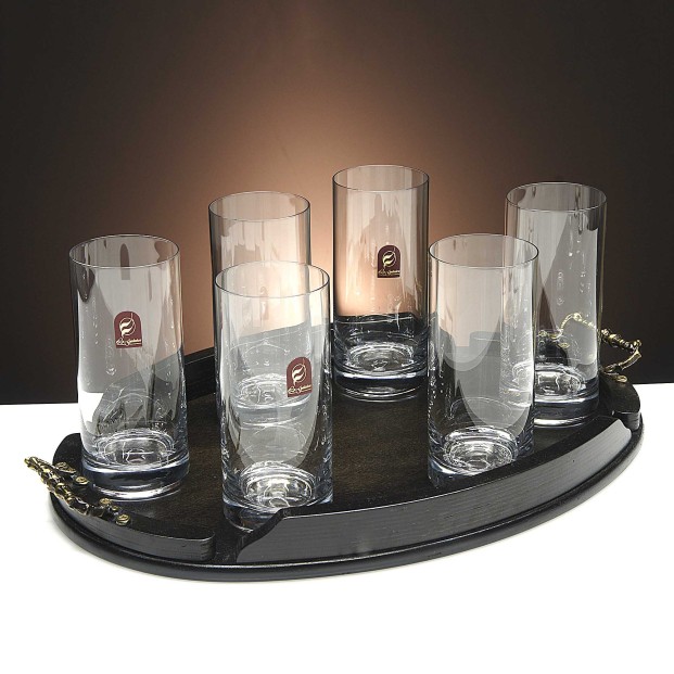 Set de 6 vasos altos para whisky o agua+bandeja de madera color wenge ovalada - Colección 1127.