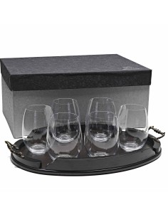 Set de 6 vasos bajos para whisky o agua+bandeja de madera color wenge ovalada - Colección CRISTALLIN.