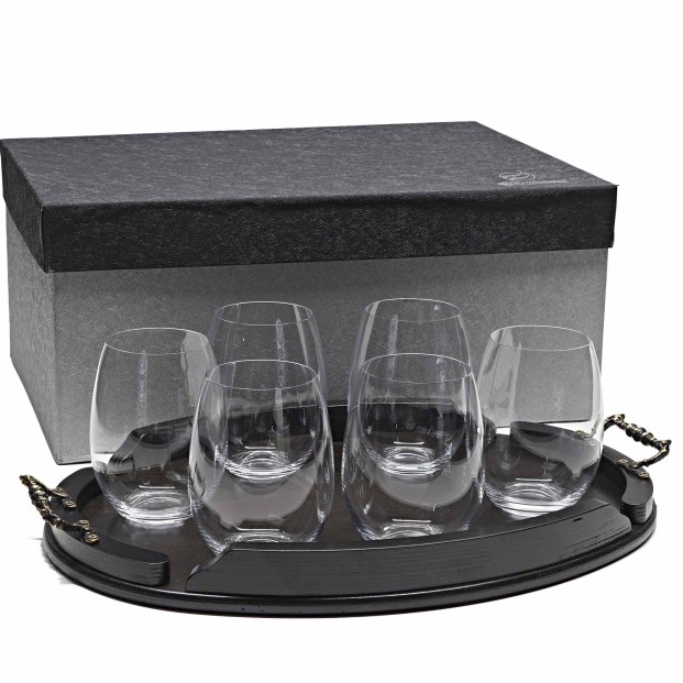 Set de 6 vasos bajos para whisky o agua+bandeja de madera color wenge ovalada - Colección CRISTALLIN.