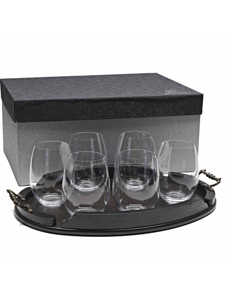 Set de 6 vasos bajos para whisky o agua+bandeja de madera color wenge ovalada - Colección CRISTALLIN.