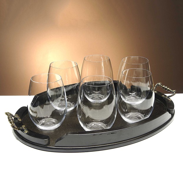 Set de 6 vasos bajos para whisky o agua+bandeja de madera color wenge ovalada - Colección CRISTALLIN.