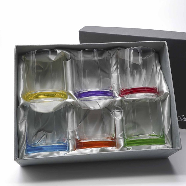 Set de 6 vasos bajos de cristal para whisky o agua - 6 colores - Colección CLASSIC.