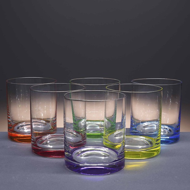 Set de 6 vasos bajos de cristal para whisky o agua - 6 colores - Colección CLASSIC.