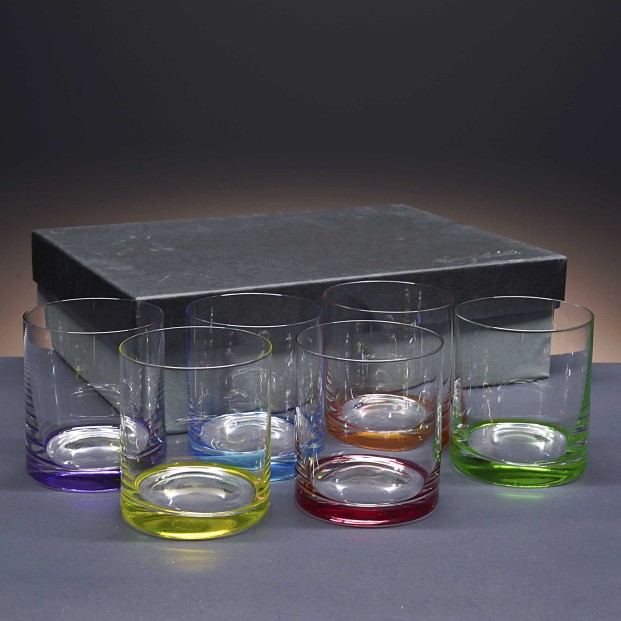 Set de 6 vasos bajos de cristal para whisky o agua - 6 colores - Colección CLASSIC.