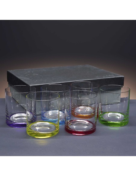 Set de 6 vasos bajos de cristal para whisky o agua - 6 colores - Colección CLASSIC.