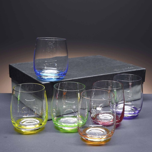 Set de 6 vasos bajos de cristal para whisky o agua - 6 colores - Colección COOL.