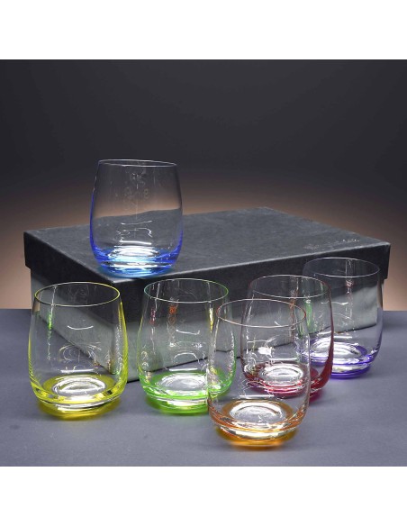 Set de 6 vasos bajos de cristal para whisky o agua - 6 colores - Colección COOL.